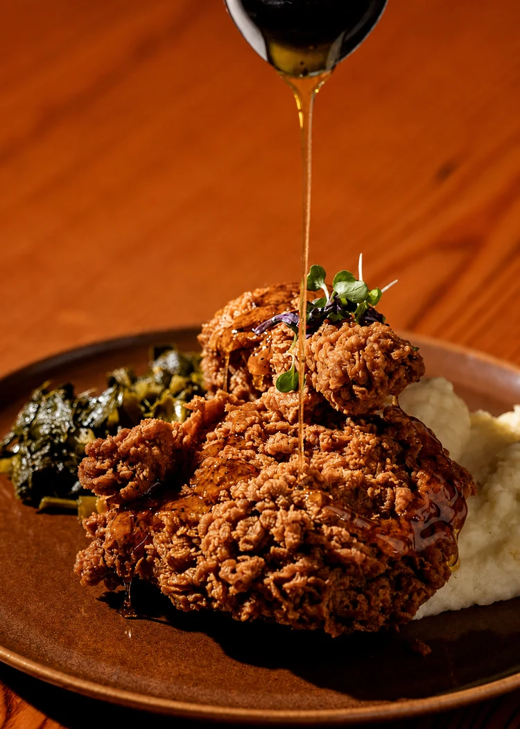 Hot honey fried chicken over mashed potatoes and collards