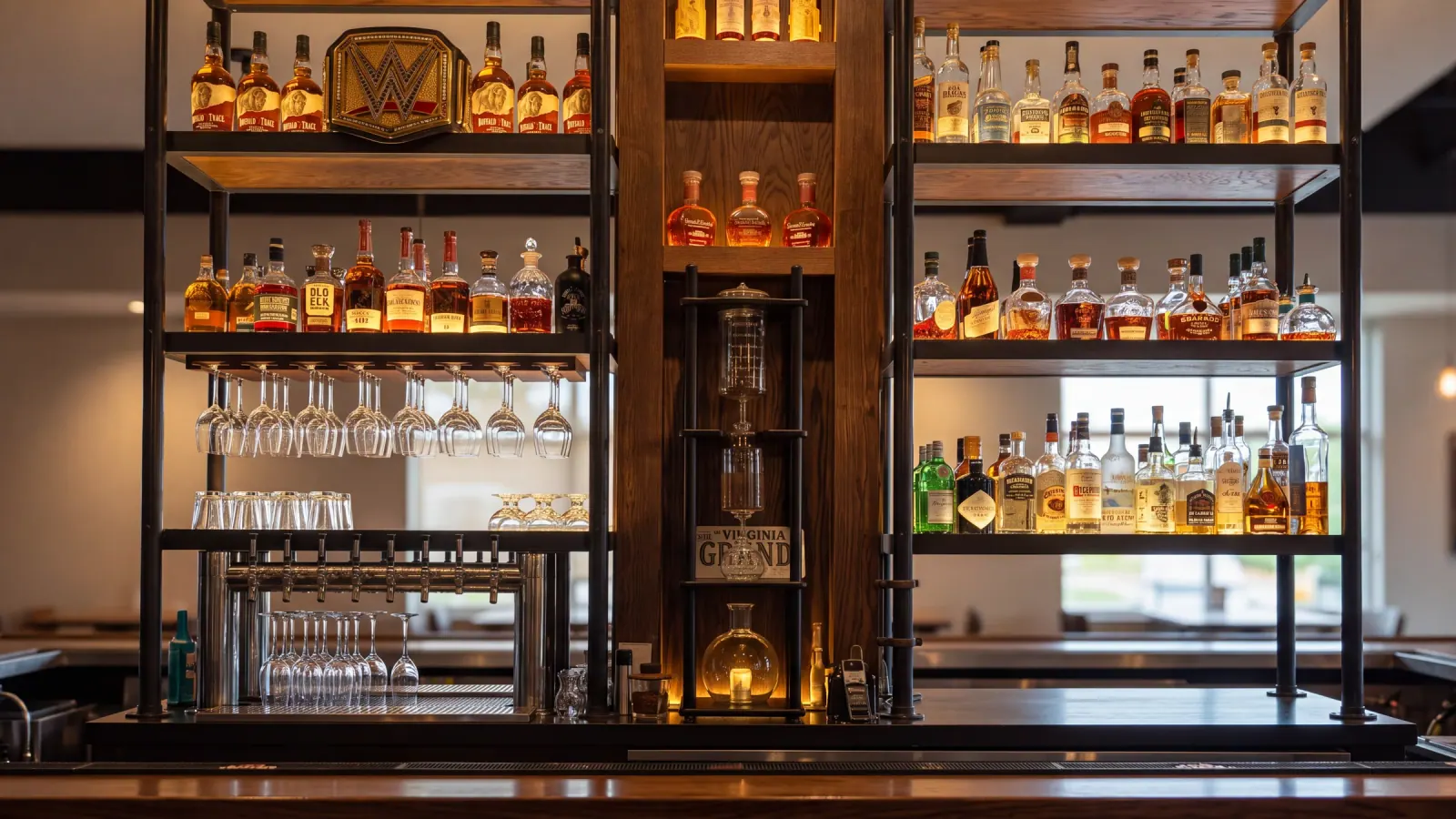 Warm wood and black-metal back bar shelves filled with bourbon beside taps and a glass infusion tower