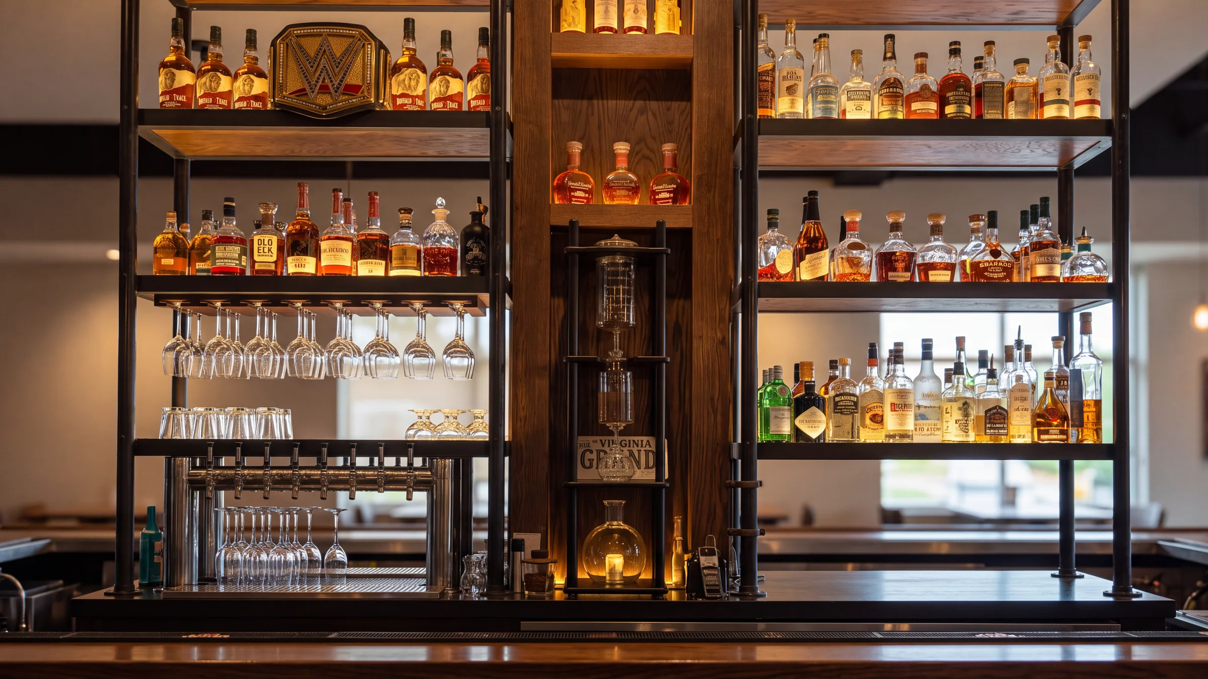 Warm wood and black-metal back bar shelves filled with bourbon beside taps and a glass infusion tower