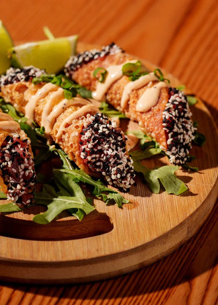 Ahi tuna cannolis with sesame, scallion, and lime